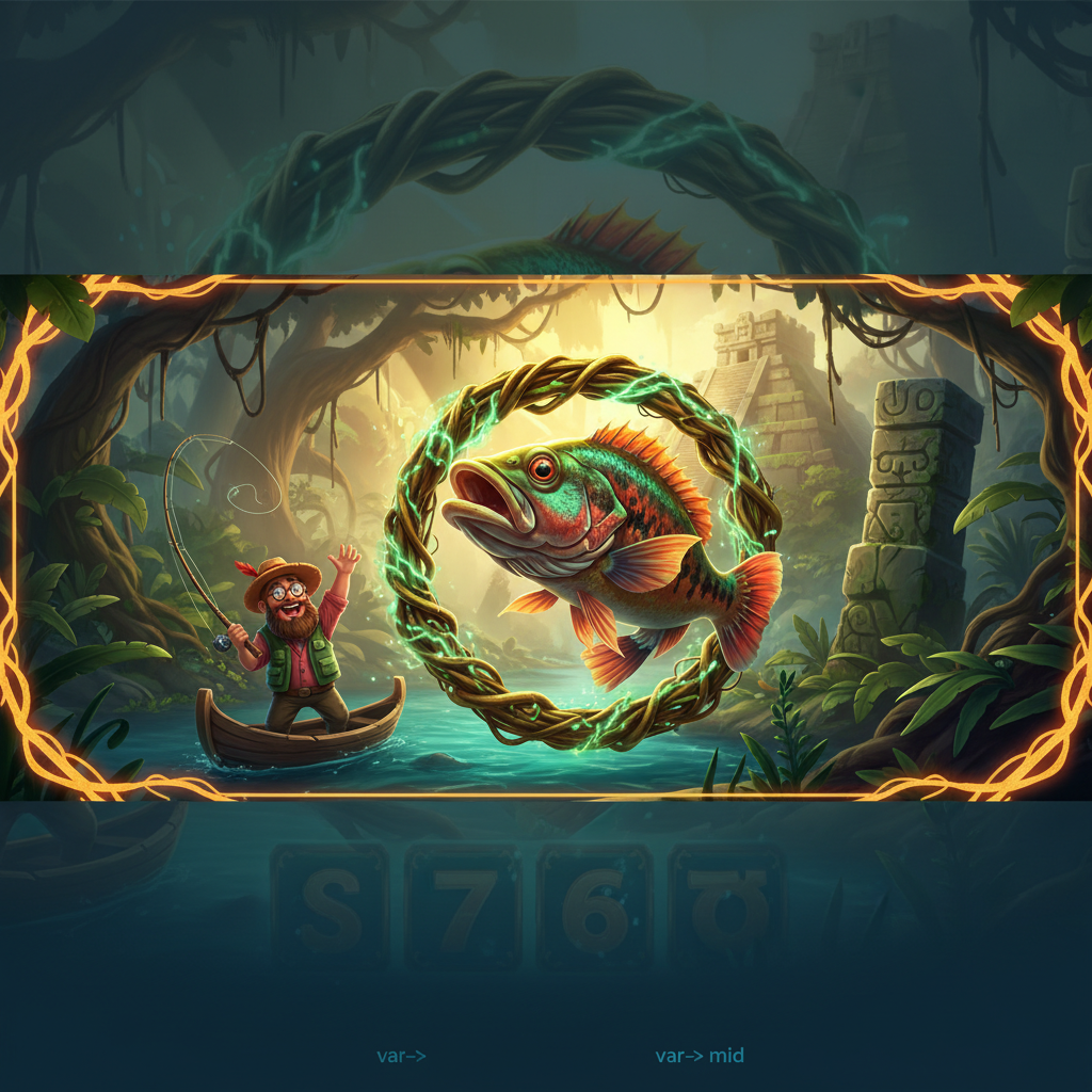 Big Bass Amazon Xtreme slot game featuring bearded fisherman in wooden canoe on Amazon river with lush tropical jungle, ancient pyramid temple, and exotic peacock bass bursting through golden vine wreath