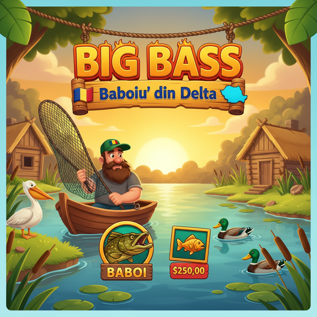 Big Bass Baboiu' din Delta slot game showing Romanian fisherman in wooden boat on Danube Delta with pelican, ducks, thatched huts and sunset sky, featuring Baboi fish scatter symbol and money collection bonus