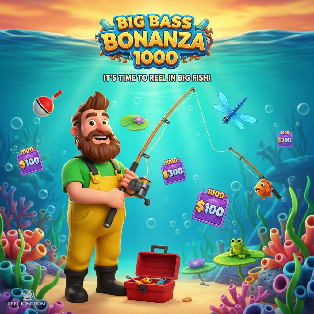 Big Bass Bonanza 1000 slot featuring cheerful fisherman in yellow overalls holding fishing rod, underwater scene with turquoise water, orange sunset sky, colorful fish symbols and fishing equipment