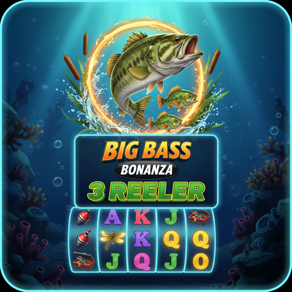 Big Bass Bonanza 3 Reeler slot game showing underwater ocean scene with jumping bass fish, fishing tackle symbols, and 3x3 reel grid with turquoise blue water background