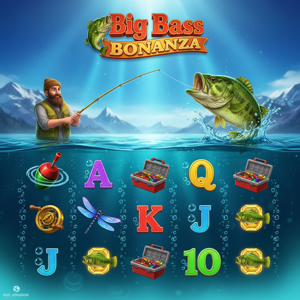 Big Bass Bonanza slot showing fisherman with golden rod, leaping green bass fish splashing from water, underwater teal reels with fishing bobber, dragonfly, tackle box symbols