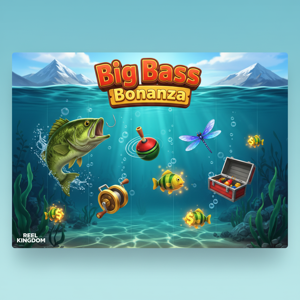 Big Bass Bonanza slot game showing underwater fishing theme with bass fish, fisherman character, golden fishing reel, dragonfly symbols, and tackle box on teal-blue water background