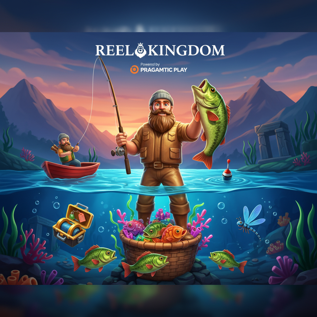 Big Bass Bonanza Keeping it Reel slot featuring bearded fisherman with fishing rod, golden statue trophy, underwater lake scene with mountains and colorful fish basket