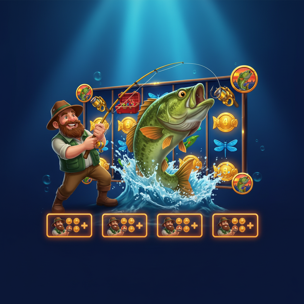 Big Bass Bonanza Megaways slot featuring cartoon fisherman, green bass fish leaping from water, fishing tackle symbols, underwater ocean reels and scatter badges