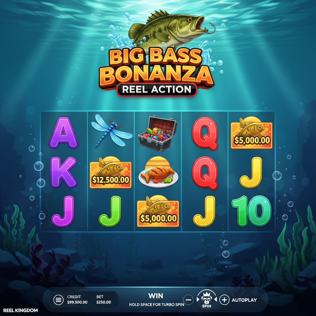 Big Bass Bonanza Reel Action slot with underwater fishing theme showing largemouth bass, fisherman wild symbols, and golden scatter symbols on 5x4 reels