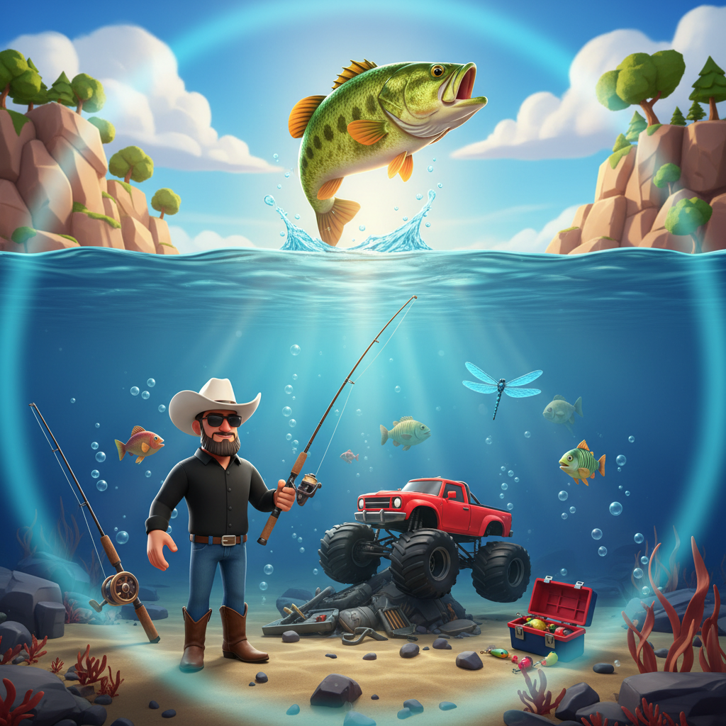 Big Bass Boom slot featuring fisherman with cowboy hat, bass fish leaping from water, underwater scene with fishing equipment and monster truck symbols