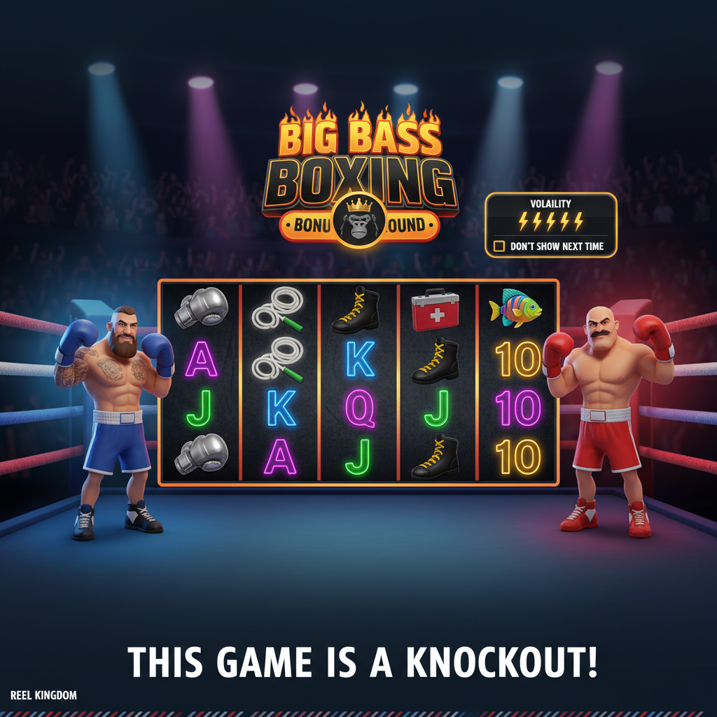 Big Bass Boxing Bonus Round slot game showing blue and red boxer characters in boxing arena with neon symbols and boxing ring ropes