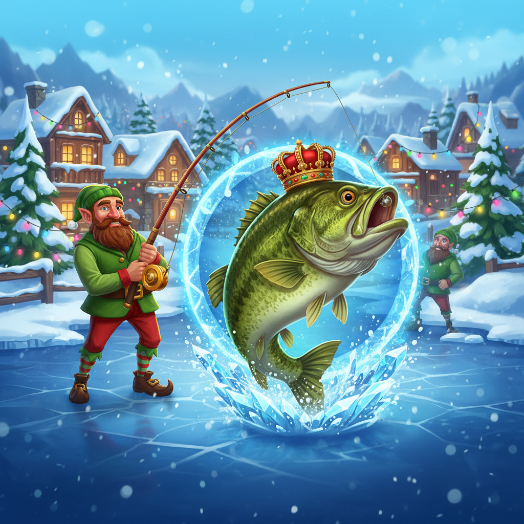 Big Bass Christmas Bash slot game featuring festive fisherman in elf outfit, crowned bass fish leaping through ice crystal frame, snowy alpine village with Christmas lights and frozen lake setting