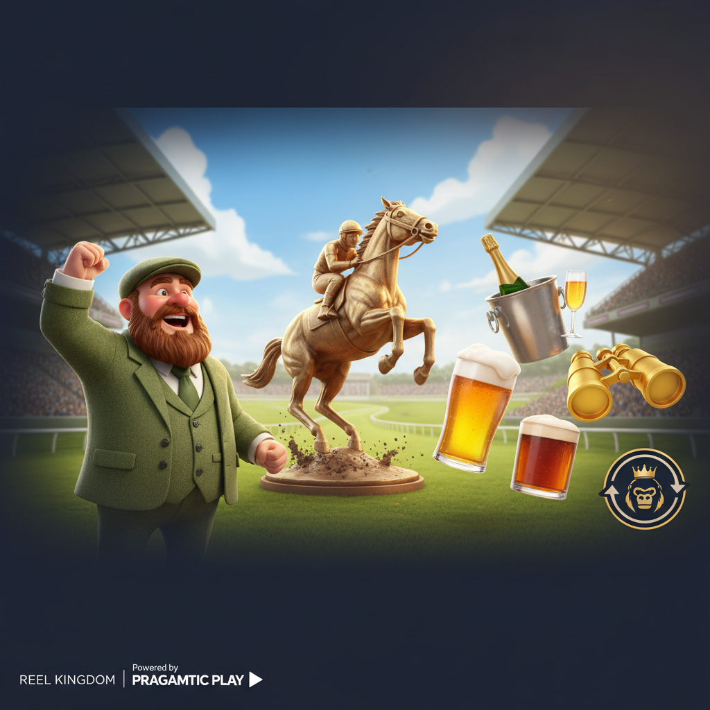 Big Bass Day at the Races slot game showing bearded fisherman at horse racetrack with golden trophy statue, champagne and beer symbols, and racing theme