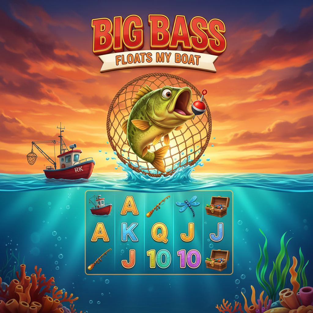 Big Bass Floats My Boat slot with cartoon bass fish jumping from turquoise water holding red bobber, fishing boat, underwater theme with coral and seaweed, dramatic orange sunset sky