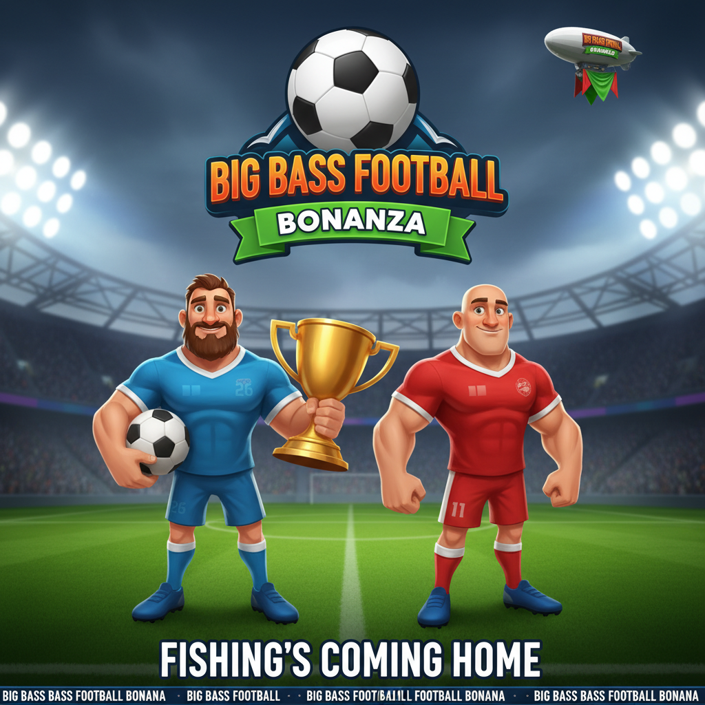 Big Bass Football Bonanza slot game featuring football stadium, two muscular players in blue and red jerseys, orange clownfish scatter symbols, and football with trophy on bright green pitch