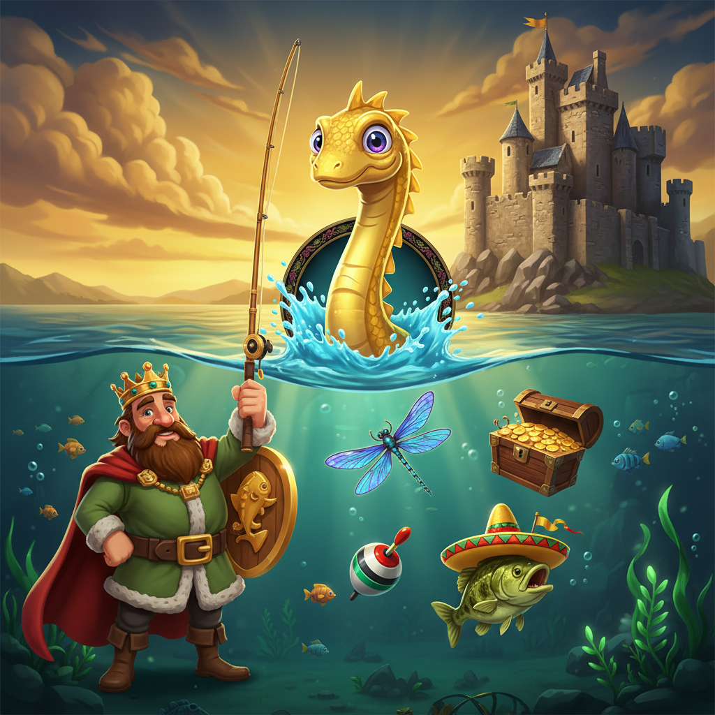Big Bass and the Gold Ness Monster slot game showing cartoon fisherman king with crown and fishing rod, golden Loch Ness Monster emerging from blue water, medieval Scottish castle on loch shore, underwater scene with treasure chest and dragonfly symbols