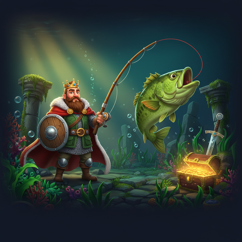 Big Bass Secrets of the Golden Lake slot showing bearded fisherman king with crown, golden treasure chest, green bass fish leaping from murky underwater lake with ancient ruins and sword