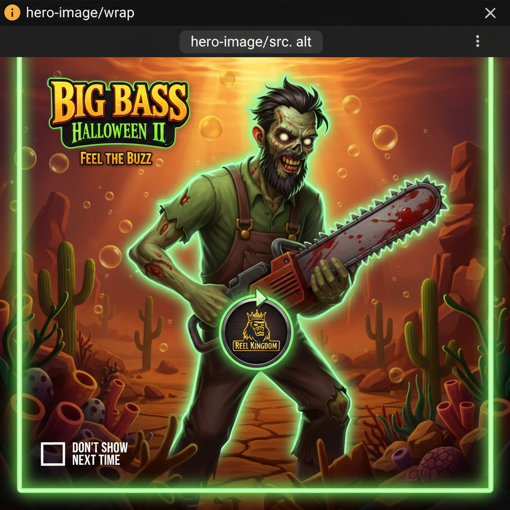 Big Bass Halloween 2 slot featuring zombie fisherman with chainsaw in murky underwater horror environment with glowing green bubbles
