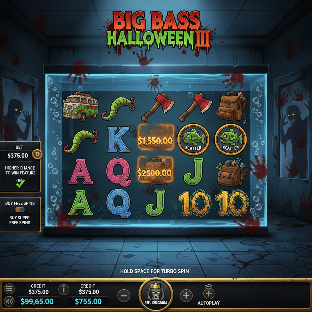 Big Bass Halloween III slot game showing 5x3 reels inside fish tank with zombie fishermen, bloody handprints, scatter symbols and wild fisherman characters in horror themed fishing store