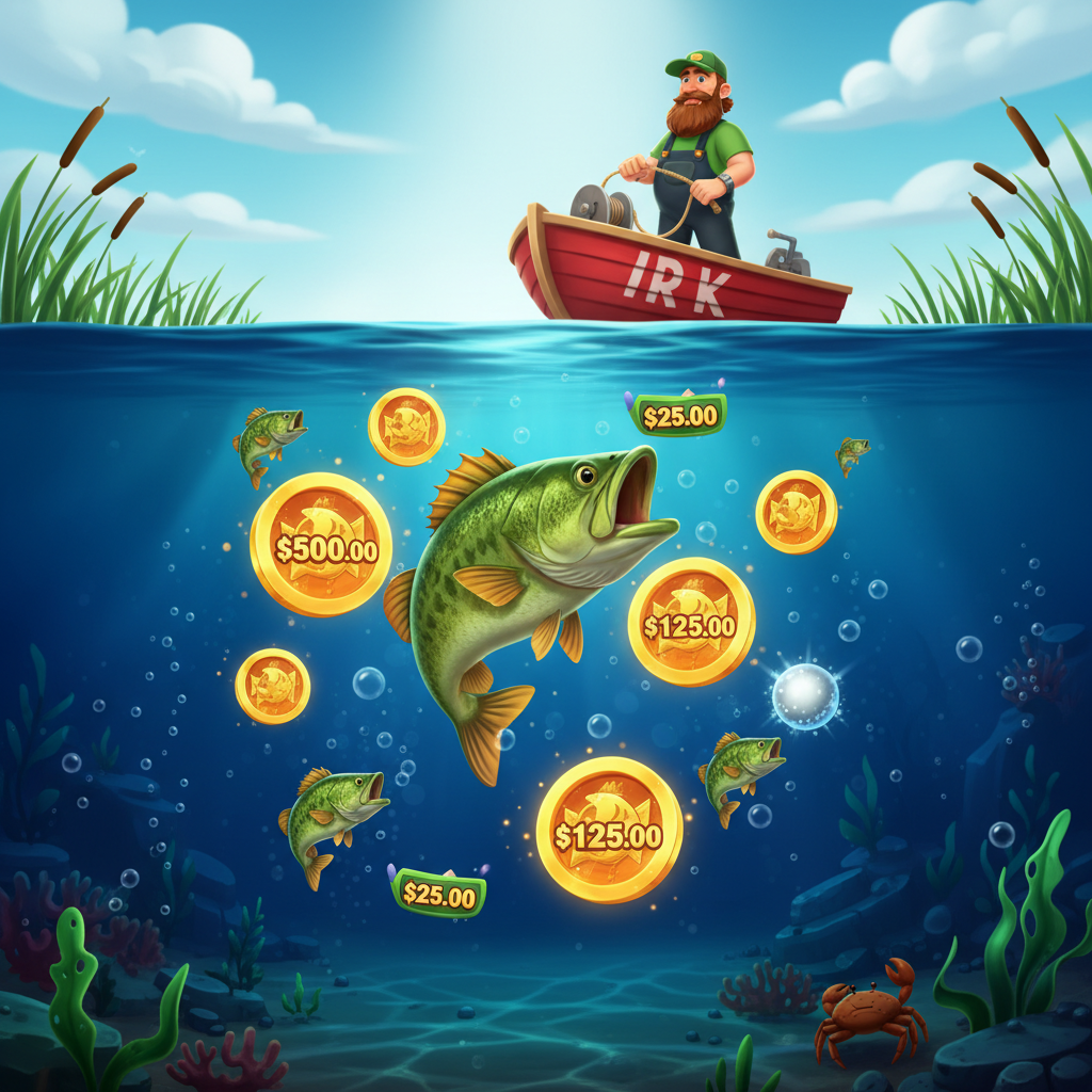 Big Bass Hold & Spinner Megaways slot showing bearded fisherman in red boat marked RK, underwater scene with green bass fish, golden coins, scatter symbols, deep blue water with light rays