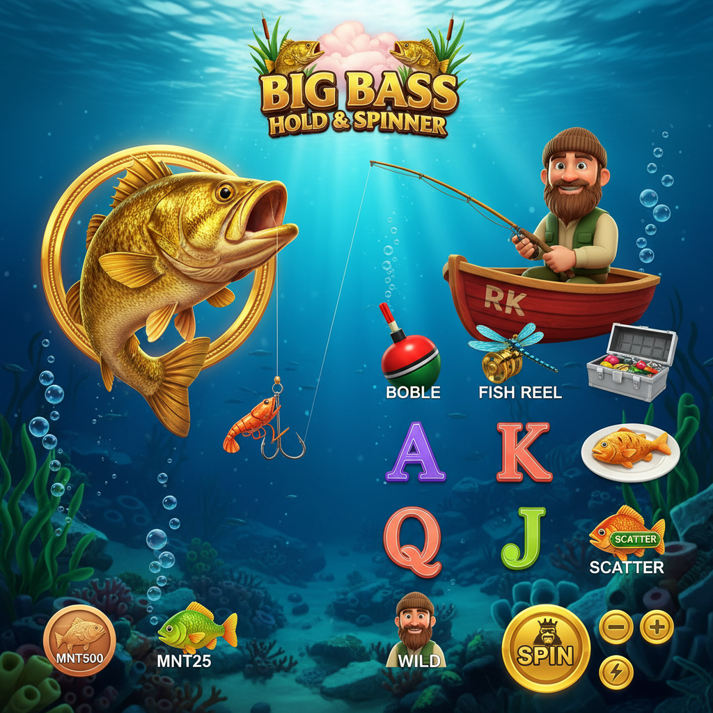 Big Bass Hold & Spinner slot showing golden bass fish, fisherman character with tackle, underwater lake scene with reels and fishing bobber symbols