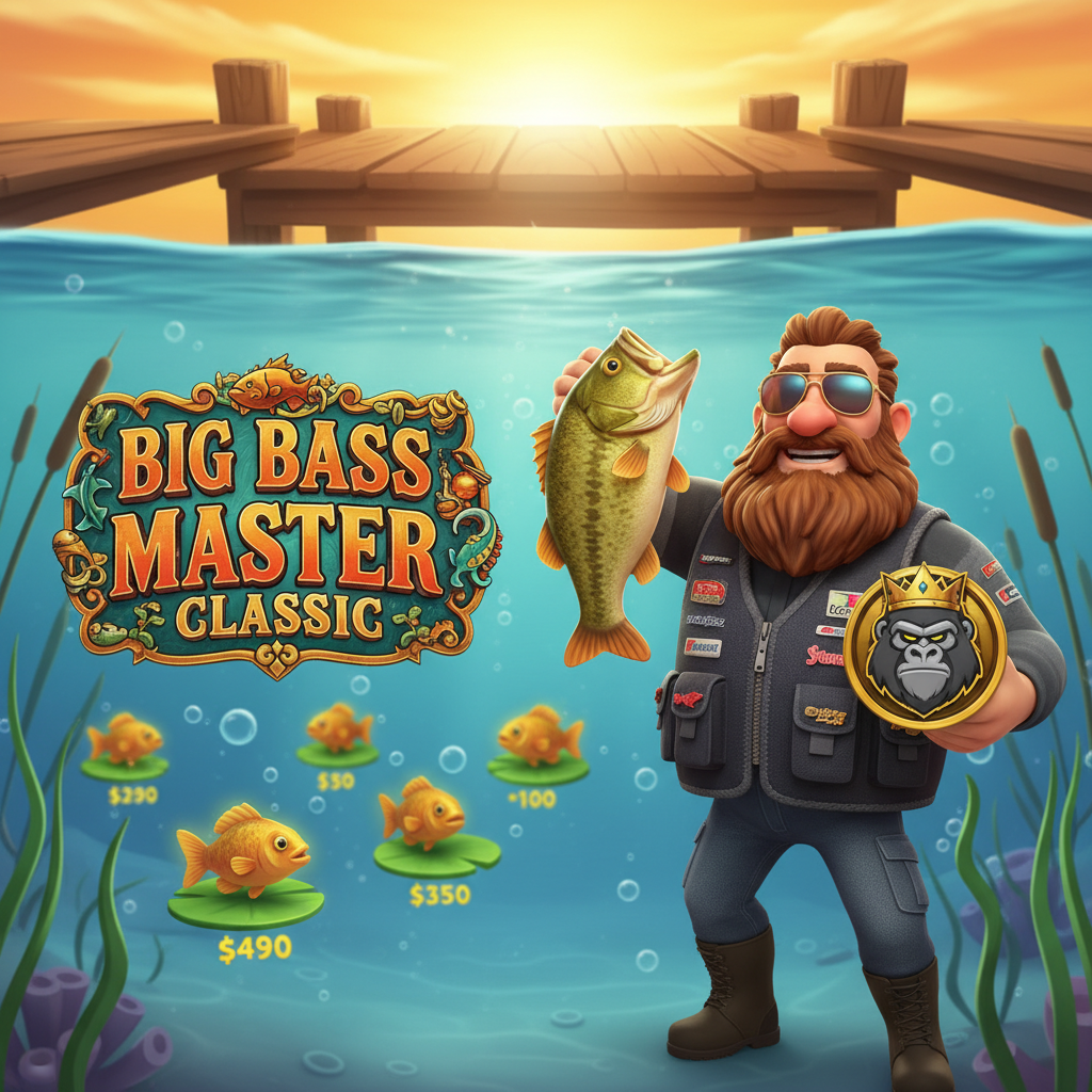 Big Bass Master Classic Jackpot Bonanza slot showing 3D fisherman character with sunglasses and beard holding orange bass fish, underwater lake scene with turquoise water, fish money symbols, and Reel Kingdom gorilla crown logo