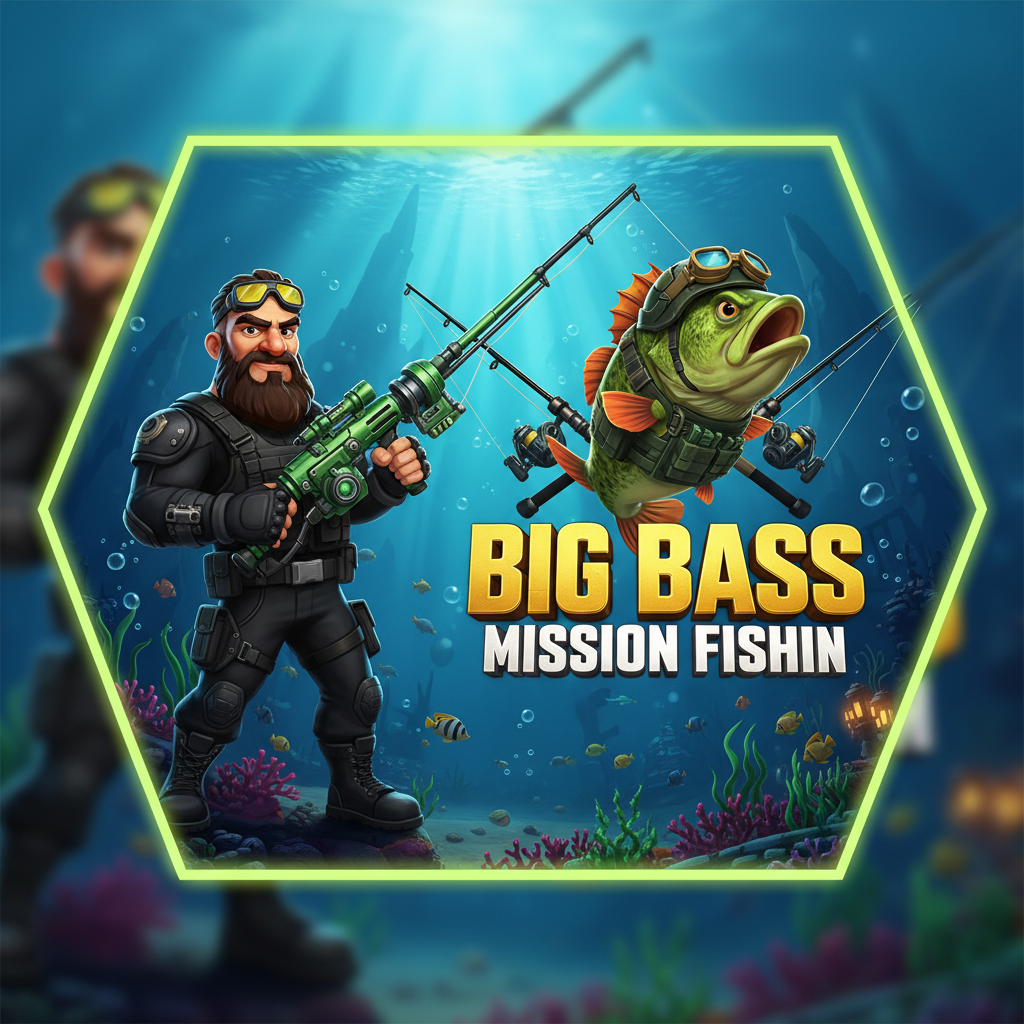 Big Bass Mission Fishin' slot showing rugged tactical fisherman with yellow goggles holding high-tech fishing rod against underwater scene with green bass fish and crossed rods logo