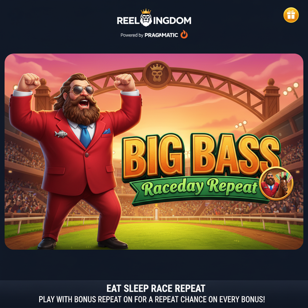 Big Bass Raceday Repeat slot game showing bearded character in red jacket at sunset horse racing track with jockeys and horses