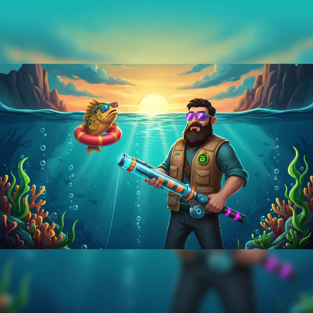 Big Bass Reel Repeat slot featuring bearded fisherman with purple sunglasses holding futuristic fishing rod, cartoon bass fish wearing 3D glasses in inner tube, underwater scene with turquoise water and golden sunset sky