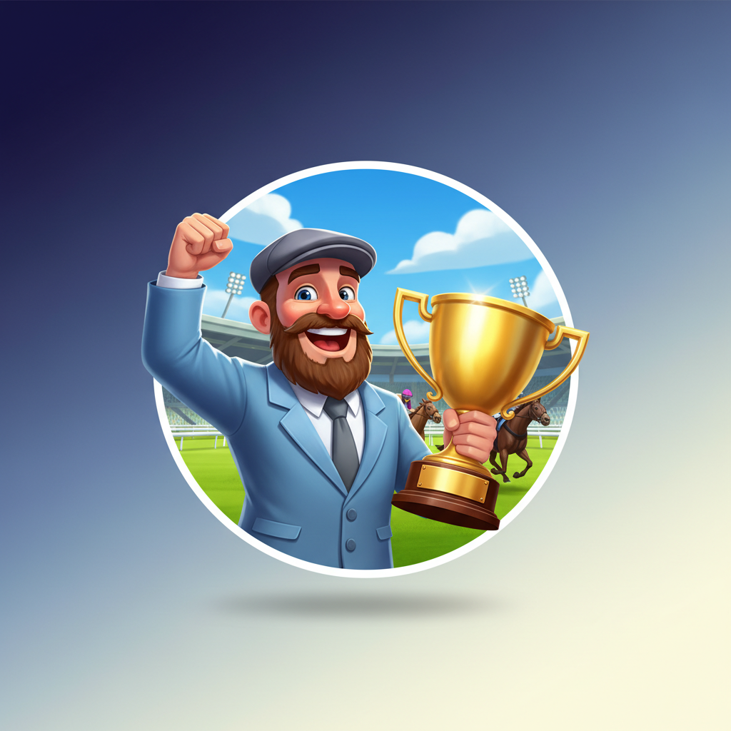 Big Bass Return to the Races slot featuring bearded tipster character holding golden trophy with jockeys racing on horses behind British racing stadium