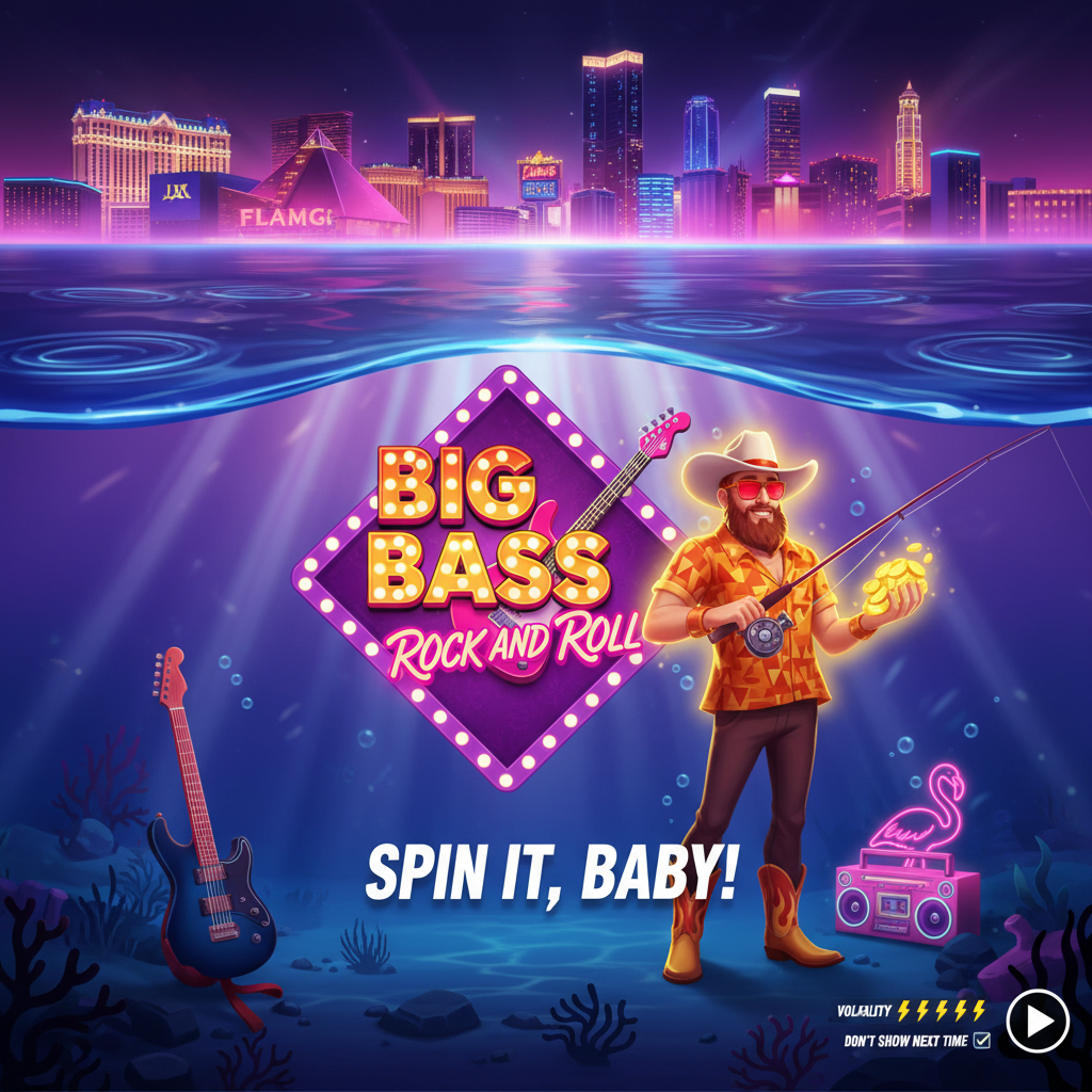 Big Bass Rock and Roll slot showing fisherman rocker with fishing rod, golden coins, pink flamingo and guitar on underwater Las Vegas skyline background with neon lights