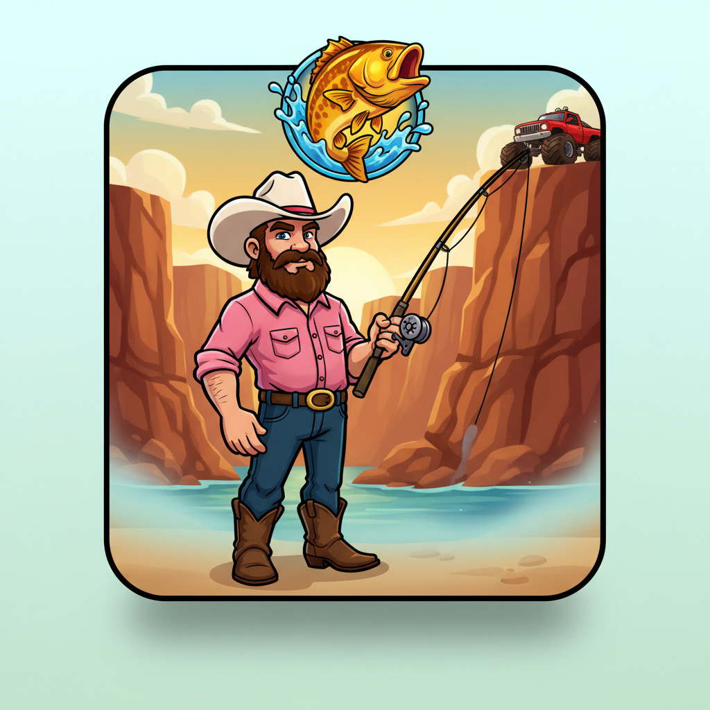 Big Bass Splash 1000 slot game featuring cartoon fisherman with cowboy hat, red monster truck on canyon cliff, golden bass fish jumping from water, sunset canyon background