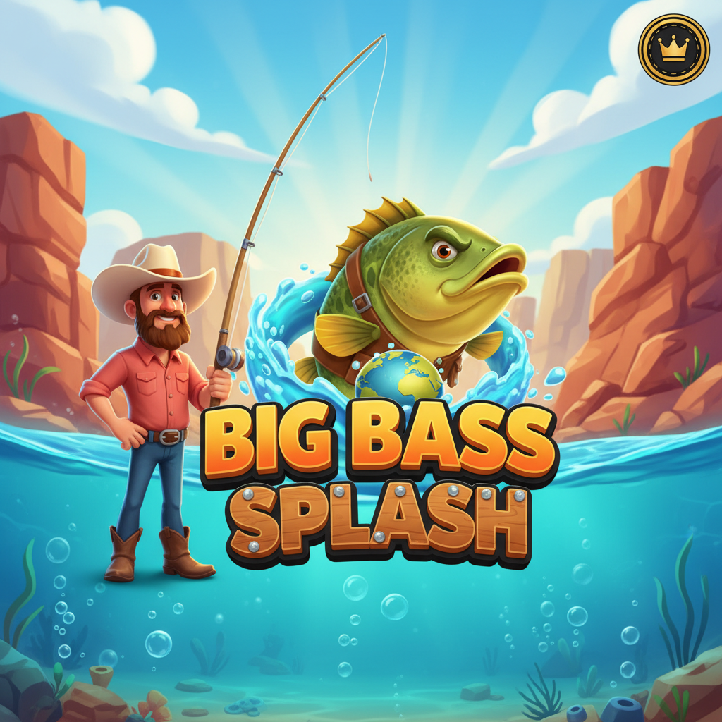 Big Bass Splash slot featuring cartoon fisherman with cowboy hat holding fishing rod, bass fish character, underwater turquoise blue background with desert canyon scenery