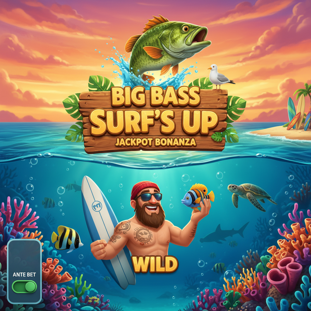Big Bass Surf's Up slot game featuring underwater ocean scene with sunset sky, bass fish leaping, surfer character with red beanie, surfboards, coral reefs, tropical fish and beach elements