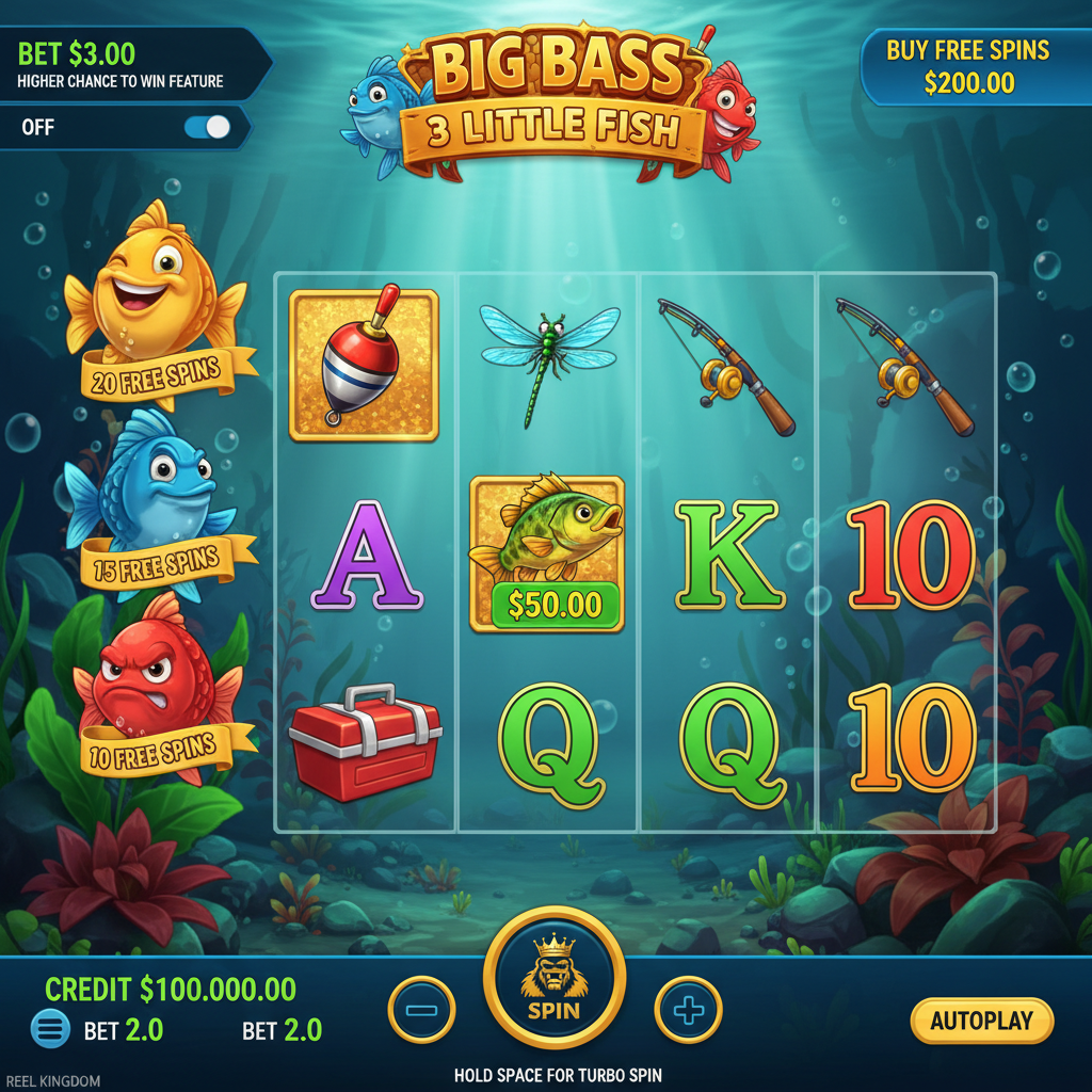 Big Bass 3 Little Fish Jackpot Bonanza slot showing underwater fishing theme with three colourful fish collectors, fisherman character, and golden money symbols on 5x3 reels