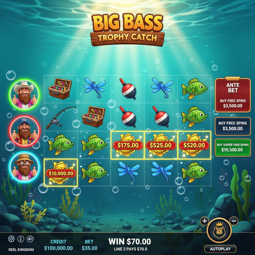 Big Bass Trophy Catch slot game showing underwater turquoise scene with 5x3 reel grid, three fisherman collectors, fishing tackle symbols, dragonfly, bobber float, and glowing money fish symbols with dollar values on blue water background