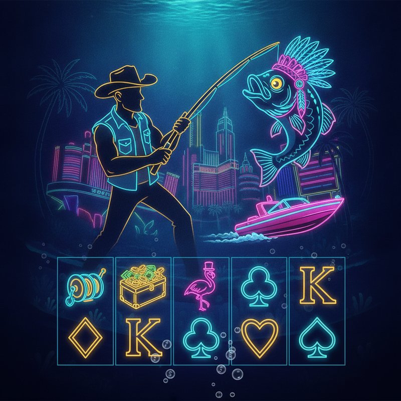 Big Bass Vegas Double Down Deluxe slot featuring neon-outlined fisherman in cowboy hat holding fishing rod, cartoon bass with feathered headdress, underwater Las Vegas cityscape with pink speedboat, flamingo, money briefcase and fishing reel symbols on 5x4 reel grid