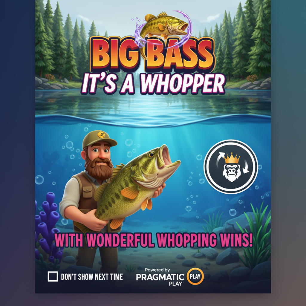 Big Bass It's a Whopper slot showing bearded fisherman holding large bass fish with lake surface, underwater scene, purple aquatic plants, bubbles and golden jumping fish above colourful logo