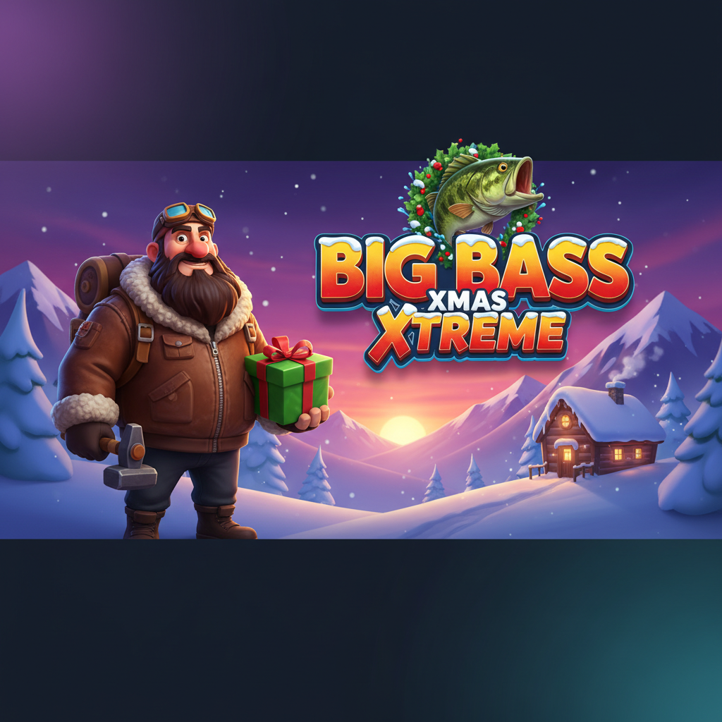 Big Bass Xmas Xtreme slot game featuring fisherman character with beard and aviator goggles holding green gift box, Christmas wreath with bass fish, snow-covered mountains and winter lodge in purple-pink sunset sky
