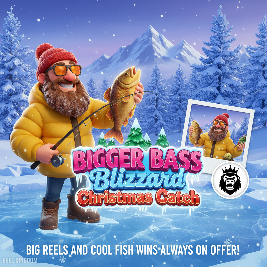 Bigger Bass Blizzard Christmas Catch slot game featuring cartoon fisherman in yellow jacket and red beanie holding golden fish against snowy winter landscape with frozen lake and pine trees