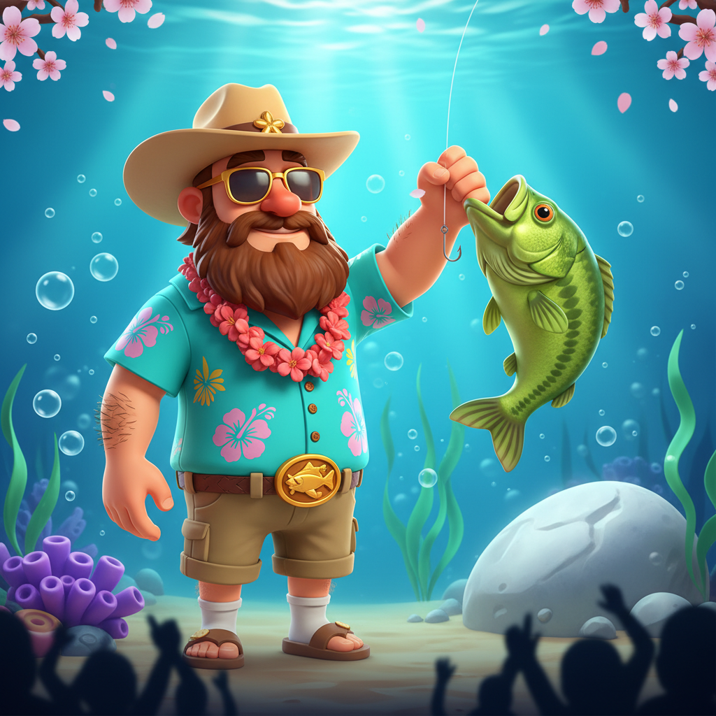 Bigger Bass Splash slot featuring cartoon fisherman with Hawaiian shirt and cowboy hat holding green bass fish against turquoise underwater background with coral and seaweed