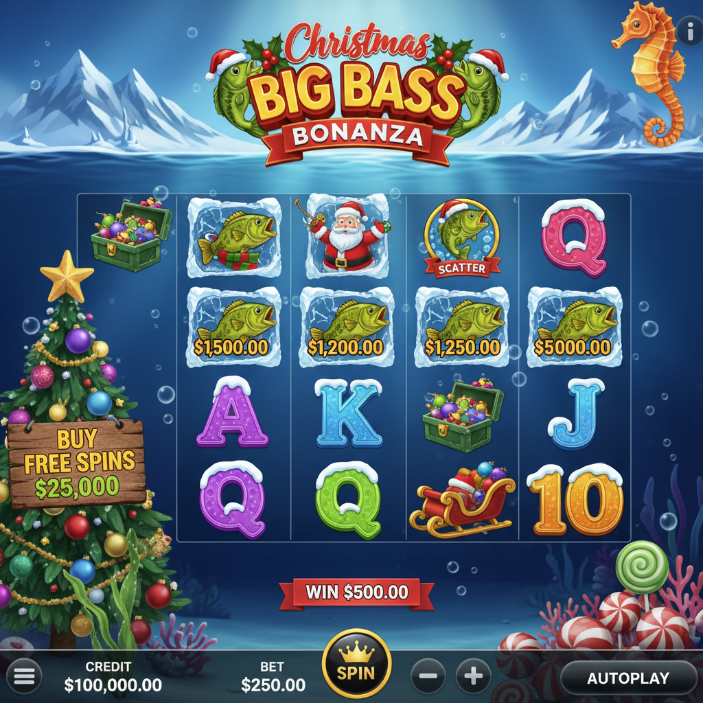 Christmas Big Bass Bonanza slot game showing underwater Christmas scene with festive fish wearing Santa hats, icy letter symbols with snow caps, decorated seaweed tree, and frozen Wild fisherman Santa on 5x3 reel grid